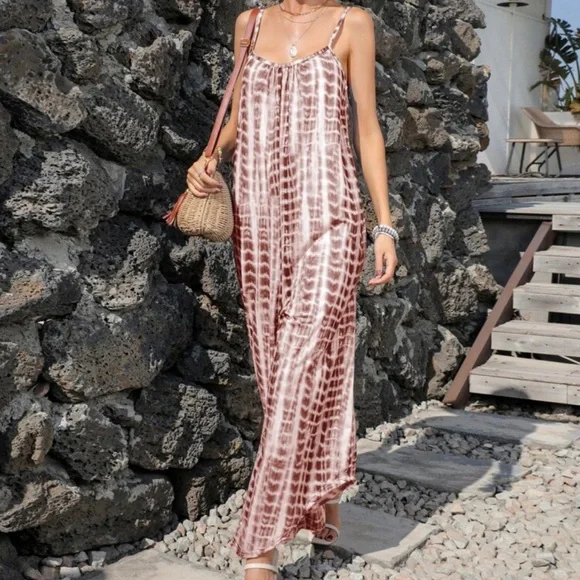 Boho Tie Dye Wide Leg Pants Pocket Jumpsuit - Picture 8 of 11